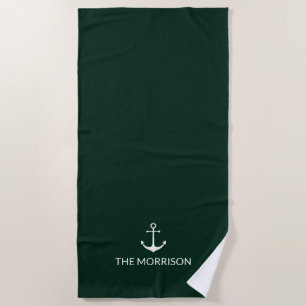 Nautical anchor dark pine green Custom Boat Name  Beach Towel