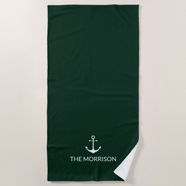 Nautical anchor dark pine green Custom Boat Name  Beach Towel (Front)