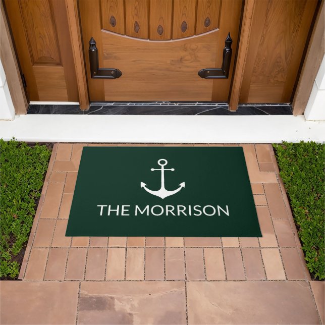 Nautical anchor dark pine green Custom Boat Name  Doormat (Outdoor)
