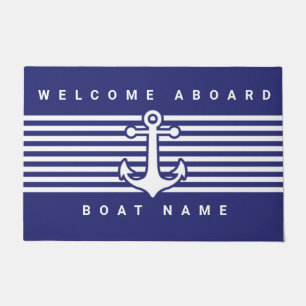 Nautical Anchor Design Navy Blue White Stripe Door Doormat