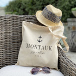 Nautical Anchor Destination Wedding Welcome Tote Bag<br><div class="desc">Welcome guests to your destination wedding with these chic and modern personalized tote bags. Design features a nautical anchor illustration in dark navy blue with your wedding destination beneath (shown with Montauk, New York) in classic serif lettering. Add your names beneath in handwritten cursive script, as well as the year....</div>