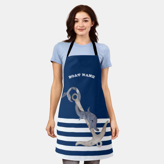 Nautical,Anchor Dolphin Navy Blue Striped    Apron (Worn)