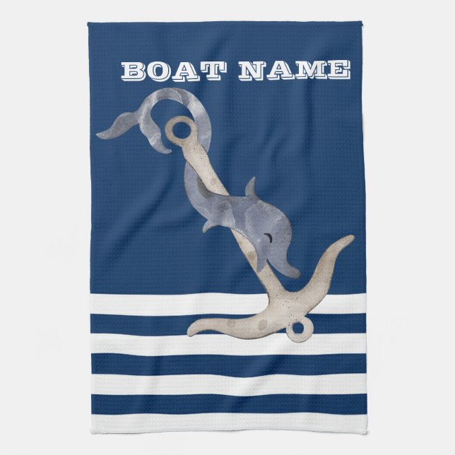 Nautical,Anchor Dolphin Navy Blue Striped Kitchen Towel (Vertical)