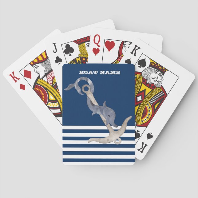 Nautical,Anchor Dolphin Navy Blue Striped  Playing Cards (Back)