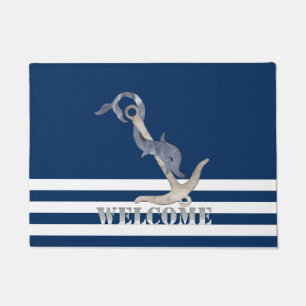 Nautical Anchor Dolphin Navy Blue Stripes Welcome Doormat