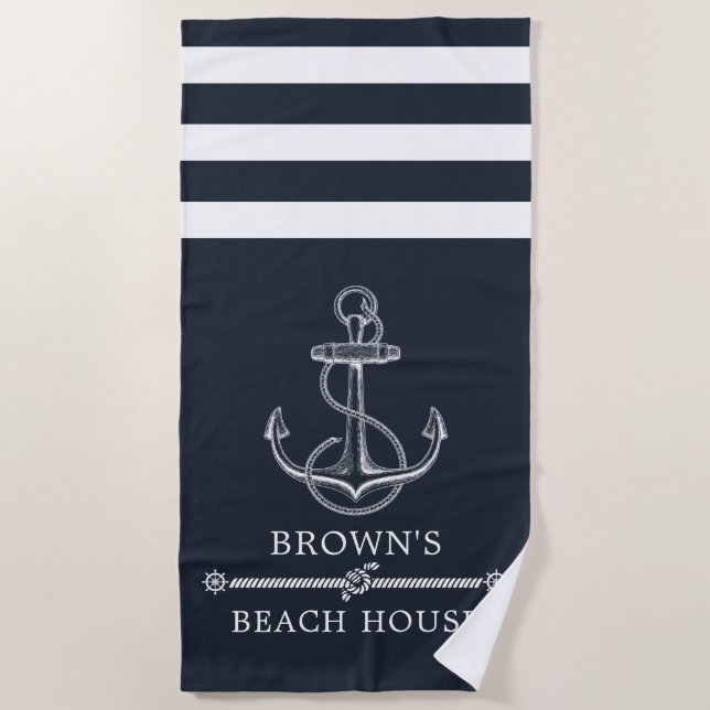 Nautical Anchor Family Name Beach Lake House Beach Towel (Front)