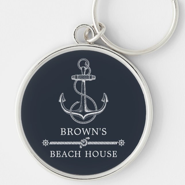 Nautical Anchor Family Name Beach or Lake House Keychain (Front)