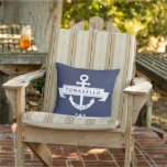 Nautical Anchor Family Name Date Navy Blue Stripes Outdoor Pillow<br><div class="desc">Nautical Anchor Family Name Date Navy Blue Stripes Outdoor Pillow</div>