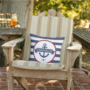 Nautical Anchor Family Name Navy Blue Stripes Outdoor Pillow