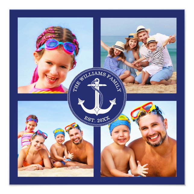 Nautical Anchor Family Photo Collage Blue Frame Print (Front)