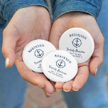 Nautical Anchor Family Reunion Navy Blue & White 2 Inch Round Button<br><div class="desc">A nautical themed family reunion button, proudly displaying your family name, reunion date and location in elegant calligraphy script with stylish modern text. This design features artwork of a custom boat anchor with a compass style boarder in navy blue on white or easily customize the background to any desired color....</div>