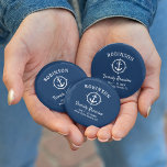 Nautical Anchor Family Reunion Navy Blue & White 2 Inch Round Button<br><div class="desc">A nautical themed family reunion button, proudly displaying your family name, reunion date and location in elegant calligraphy script with stylish modern text. This design features artwork of a custom boat anchor with a compass style boarder in white on navy blue or easily customize the background to any desired colour....</div>