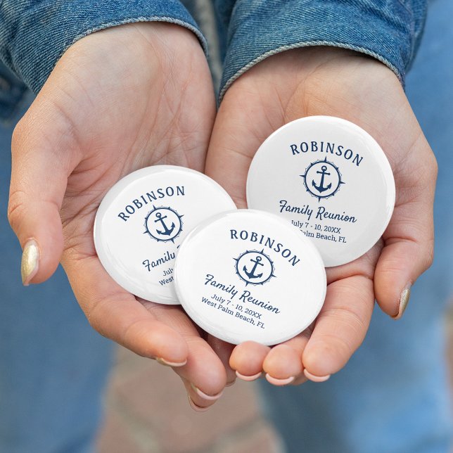 Nautical Anchor Family Reunion Navy Blue & White 2 Inch Round Button (Several sizes and shapes to choose from.)