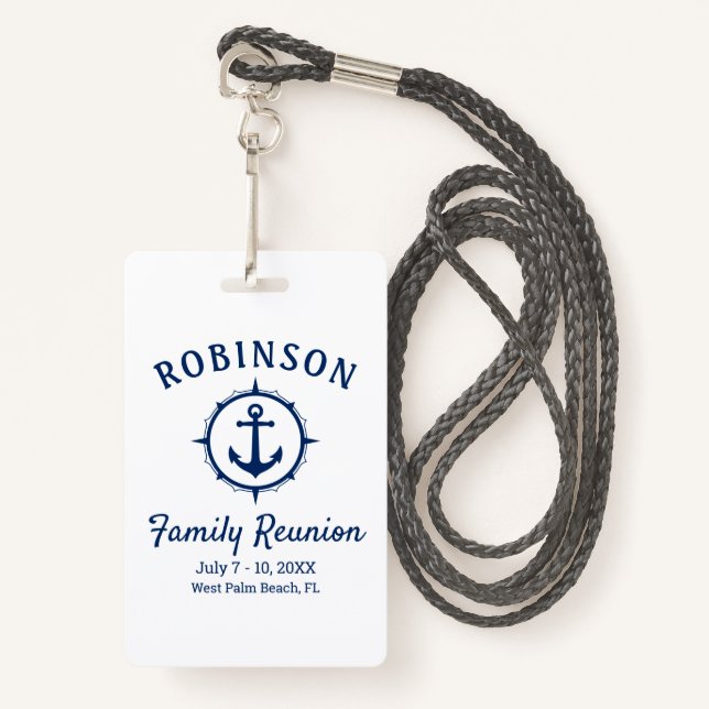 Nautical Anchor Family Reunion Navy Blue & White Badge (Front with Lanyard)
