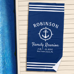 Nautical Anchor Family Reunion Navy Blue & White Beach Towel<br><div class="desc">Nautical themed family reunion beach towels, proudly displaying your family name, reunion date and location in elegant calligraphy script with stylish modern text. This design features artwork of a custom boat anchor with a compass style boarder in white on navy blue or easily customize the background to any desired colour....</div>