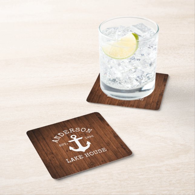Nautical Anchor Faux Wood Family Lake House Square Paper Coaster (Insitu)