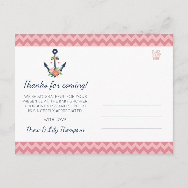 Nautical Anchor Floral Baby Girl Shower Thank You Postcard (Front)