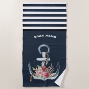 Nautical Anchor Floral Boat Name Navy Blue Stripe Beach Towel