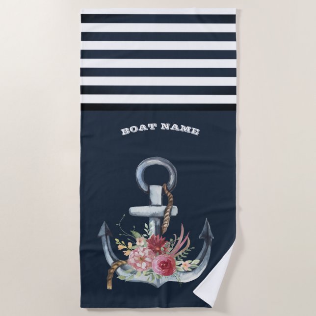 Nautical Anchor Floral Boat Name Navy Blue Stripe  Beach Towel (Front)