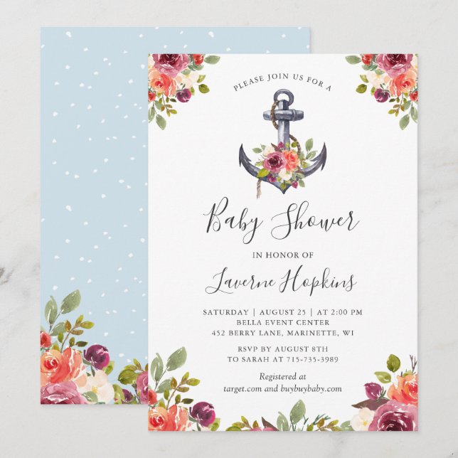 Nautical Anchor Floral Boy Baby Shower Invitation (Front/Back)
