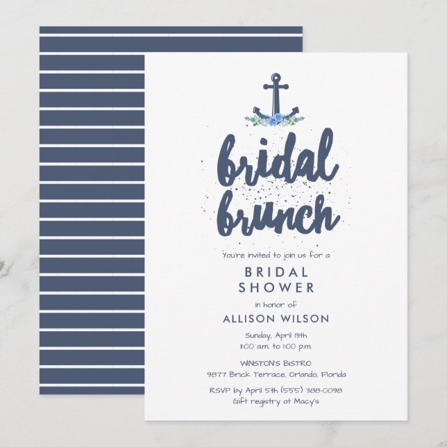 Nautical Anchor Floral Bridal Brunch Shower Invitation (Front/Back)