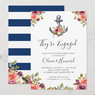 Nautical Anchor Floral Navy Blue Engagement Party Invitation