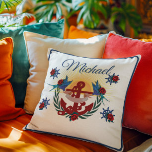Nautical Anchor Floral Red Blue Throw Pillow