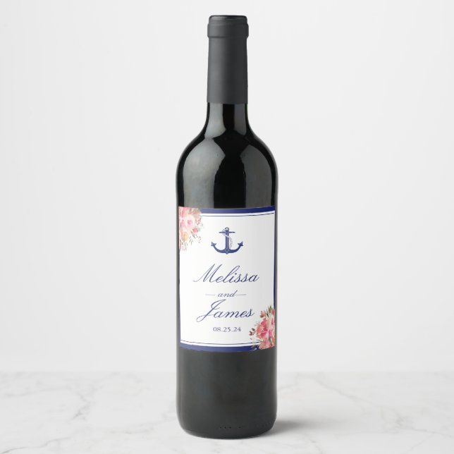 Nautical Anchor Floral Rose Navy Blue Wedding Wine Label (Front)