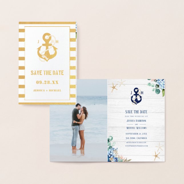Nautical Anchor Floral Unique Photo Save The Date Foil Card (Display)