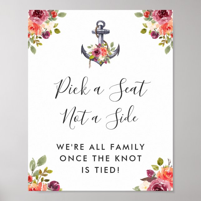 Nautical Anchor Floral Wedding Pick a Seat Sign (Front)