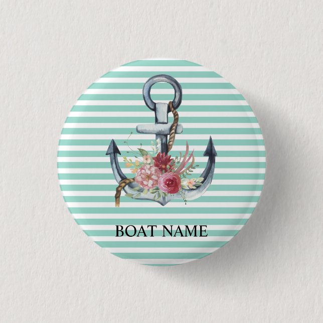 Nautical,Anchor Flowers Mint Green Stripes   1 Inch Round Button (Front)