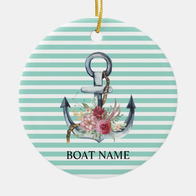 Nautical,Anchor Flowers Mint Green Stripes Ceramic Ornament (Front)