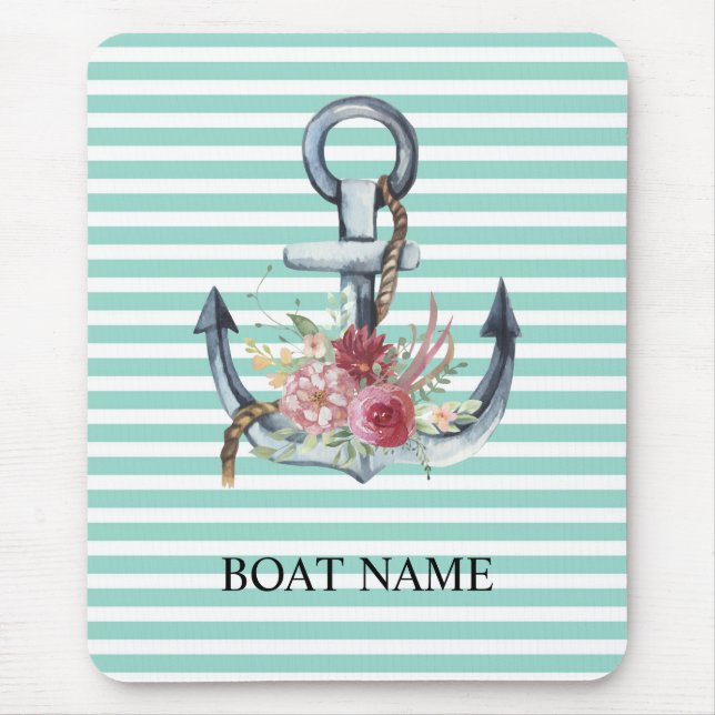 Nautical,Anchor Flowers Mint Green Stripes    Mouse Pad (Front)