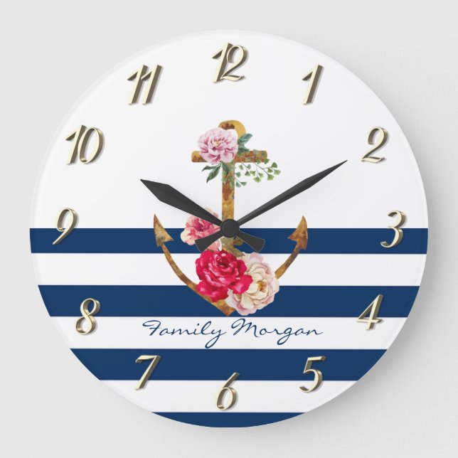 Nautical,Anchor Flowers Navy Blue Stripes  Large Clock (Front)