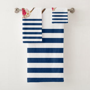 Nautical,Anchor Flowers Navy Blue White Stripes  Bath Towel Set