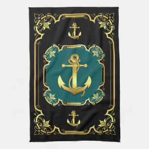 Nautical anchor gilded black/gold/aqua kitchen towel