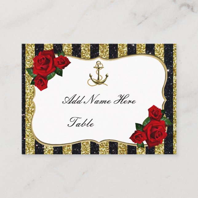 Nautical Anchor Gold Black Stripe Table Place Card (Front)