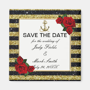 Nautical Anchor Gold Black Stripes Save The Date Magnet
