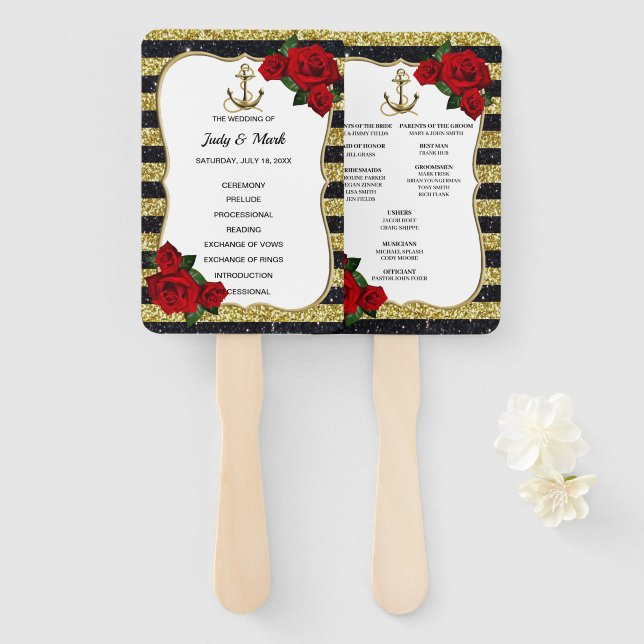 Nautical Anchor Gold Black Stripes Wedding Program Hand Fan (Front and Back)