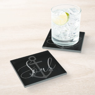 nautical ANCHOR + gray SOUL type on black   Glass Coaster