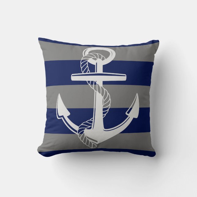 Nautical Anchor, Grey & Blue Stripe Throw Pillow (Front)