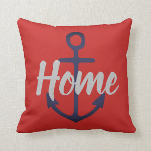 nautical ANCHOR + grey HOME type on red Throw Pillow