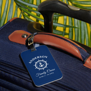 Nautical Anchor Helm Navy Blue Family Cruise Luggage Tag
