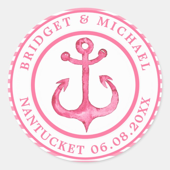 Nautical Anchor - Hot Pink Striped Personalized Classic Round Sticker (Front)