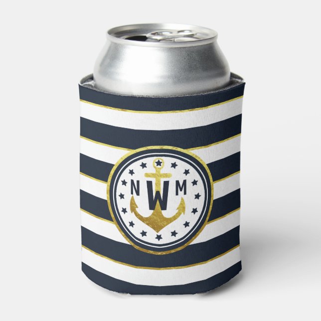 Nautical Anchor in Navy & Gold Can Cooler (Can Front)