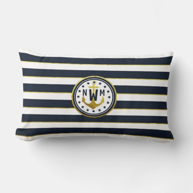 Nautical Anchor in Navy & Gold Lumbar Pillow (Front)