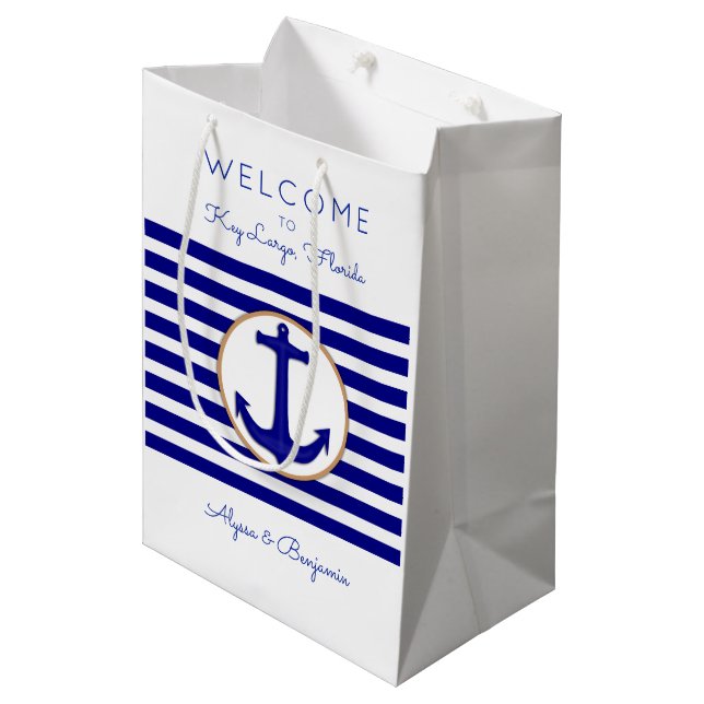 Nautical Anchor Key Largo Map Wedding Welcome Bags (Front Angled)
