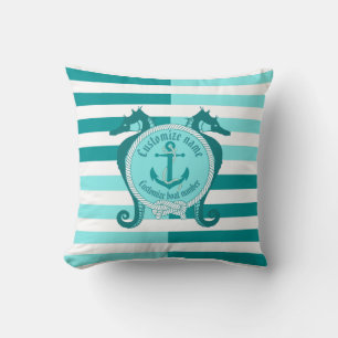 Nautical anchor/knot/seahorse/warm Aqua Maine Throw Pillow