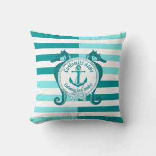 Nautical anchor/knot/seahorse/warm Aqua Marine Throw Pillow