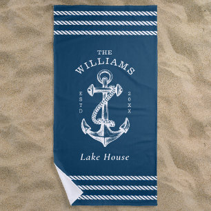 Nautical Anchor Lake House Navy Blue Beach Towel